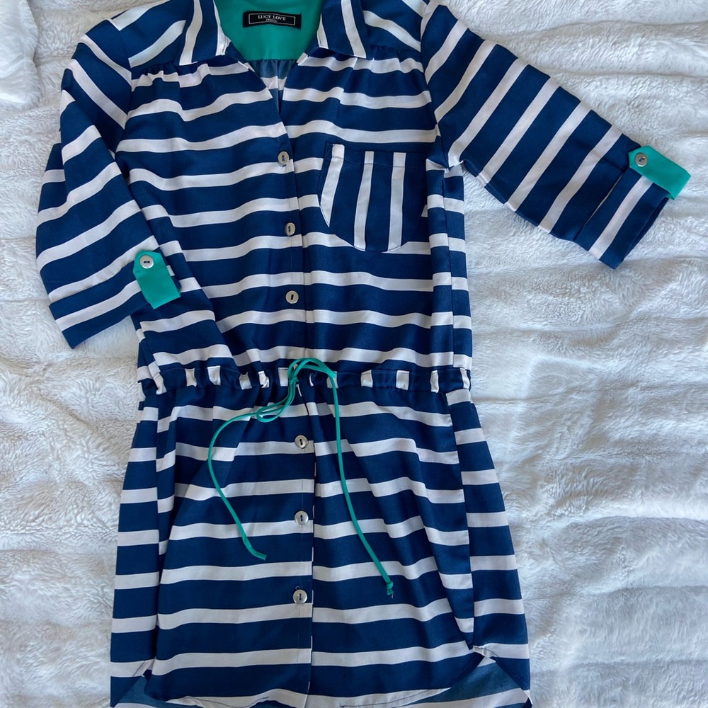 Lucy Love Striped Blue and White Button-Up Dress with drawstring waist